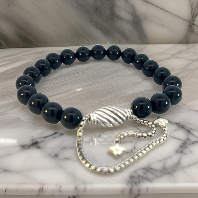 Contemporary 1990s David Yurman Estate Onyx Polished Beads Bracelet 6.6 - 8.5" Silver 8 Mm For Sale - Image 3 of 11