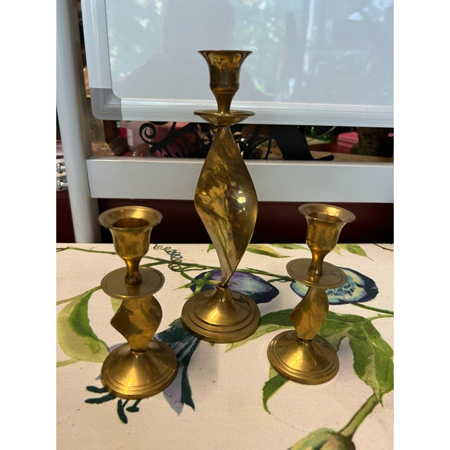1970s 1970s Brass Candlesticks - Set of 3 For Sale - Image 5 of 5