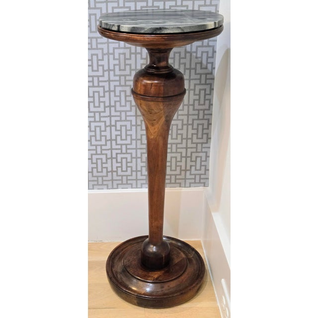 Vintage Baluster Turned Wood Pedestal Accent Table With Gray Marble Top For Sale - Image 4 of 10