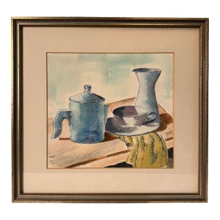 Mid Century Modern Still Life Original Watercolor Framed Painting, Mustard Yellow, Royal Blue, Purple For Sale