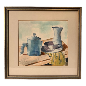 Mid Century Modern Still Life Original Watercolor Framed Painting, Mustard Yellow, Royal Blue, Purple