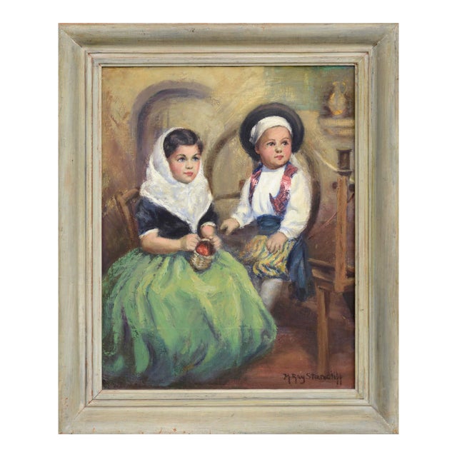 Mid Century Oil Painting Portrait of Two Children in Traditional Dress by M. Ray Stancliff For Sale