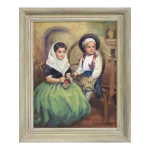 Mid Century Oil Painting Portrait of Two Children in Traditional Dress by M. Ray Stancliff