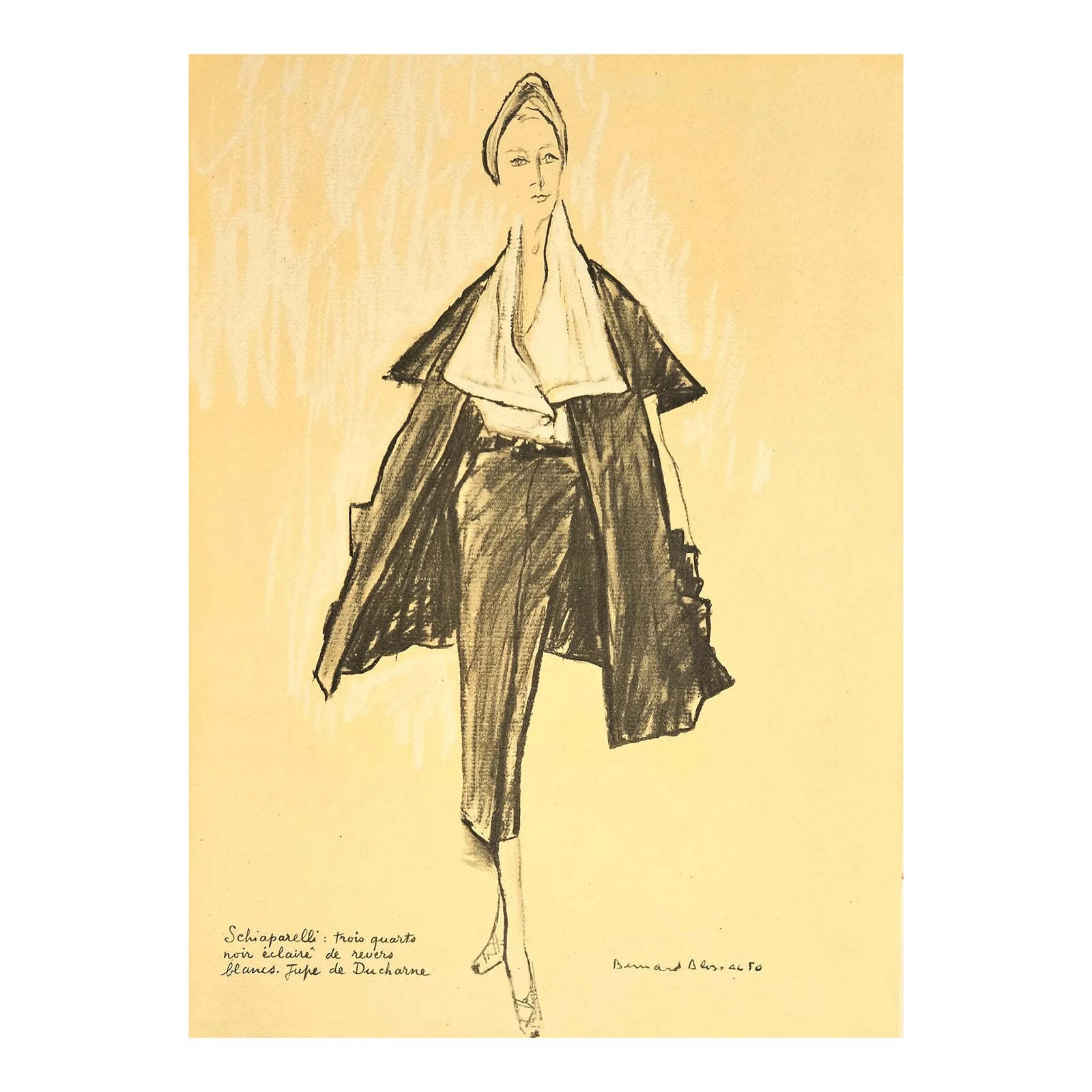 1950 French Mid-Century Elsa Schiaparelli Fashion Print, Matted | Chairish