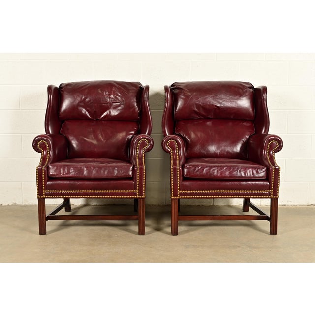 English Hancock & Moore Chippendale Wingback Leather Lounge Chairs | Pair For Sale - Image 3 of 14