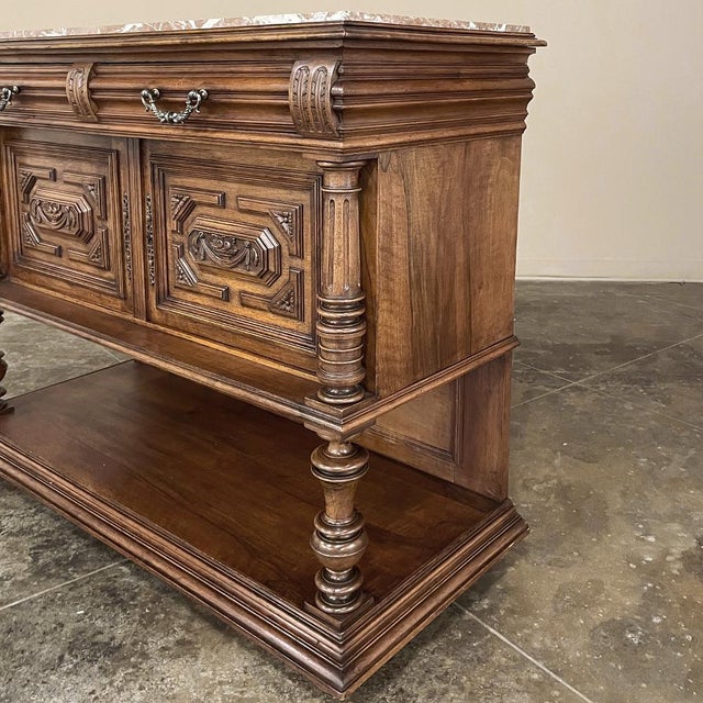 19th Century French Neoclassical Henri II Marble Top Walnut Buffet For Sale - Image 12 of 18