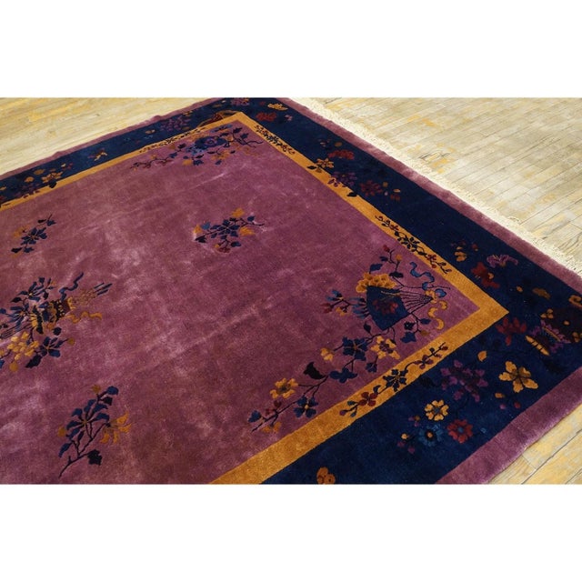 Art Deco Antique Chinese Art Deco Oriental Modern Floral Purple Field 1920s Knotted Rug For Sale - Image 3 of 10