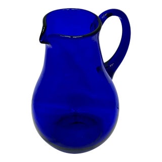 Stunning Vintage Retro Art Deco Deep Cobalt Blue Hand Blown Art Glass Pitcher - Circa Mid 20th Century For Sale