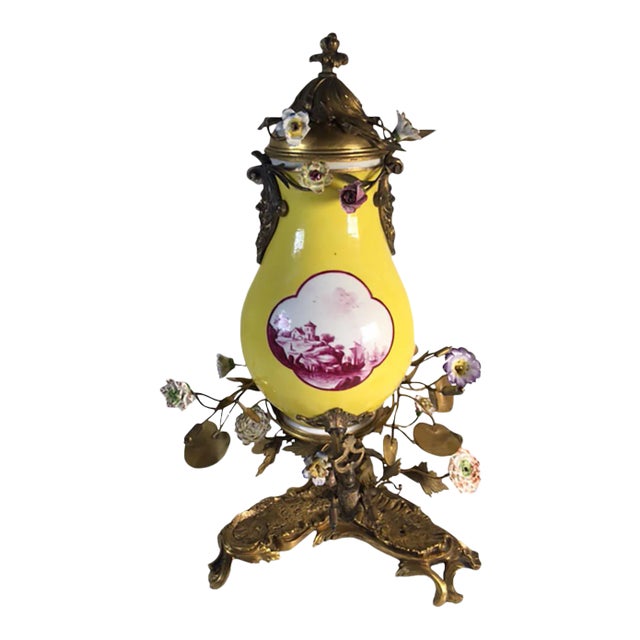 Antique Meissen Tea Pot & Stand With Bronze Doré & Flowers- 2 Pieces For Sale