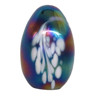 Art Glass Iridescent Rainbow and White Swirl Egg Shape Paperweight For Sale