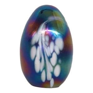 Art Glass Iridescent Rainbow and White Swirl Egg Shape Paperweight