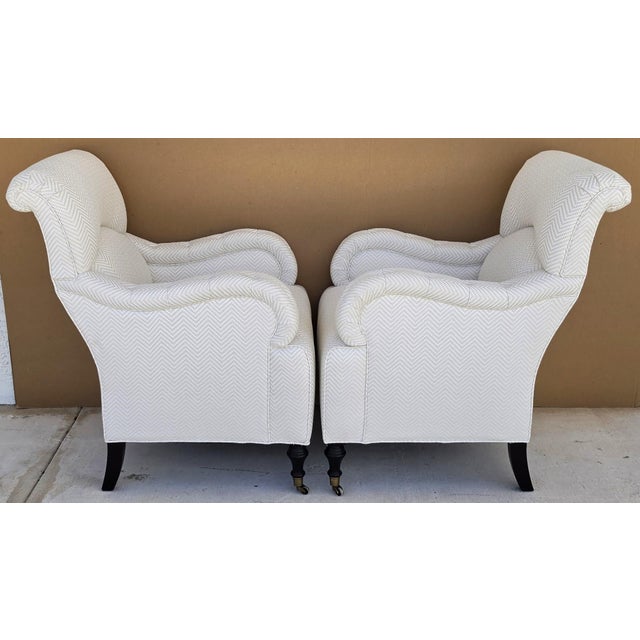 Baker Furniture English Country Scroll Arm Lounge Chairs in White Herringbone Casters Pair For Sale - Image 9 of 17