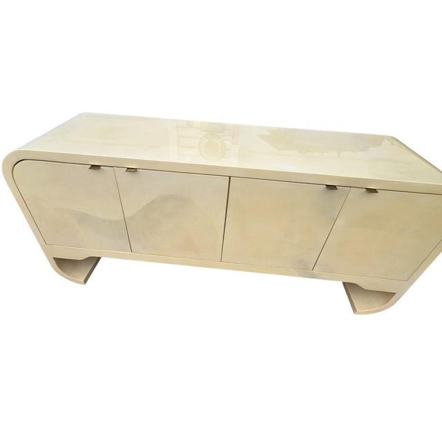Postmodern Vintage 1970s Faux Goatskin Console Buffet Karl Springer Style Postmodern Credenza For Sale - Image 3 of 17