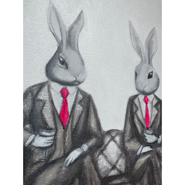 Contemporary Whimsical Original Oil Painting of Two Bunnies Drinking Wine by Max and Alma For Sale - Image 3 of 5
