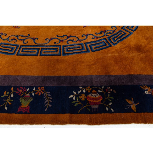 Antique Art Deco Chinese Nichols Style Rug - Mandarin Orange & Indigo 10x14 For Sale - Image 4 of 6