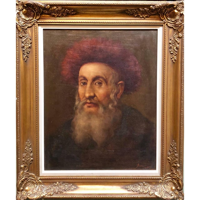Realism Judaica "The Rebbe'" European Hasidic Rabbi Oil Painting For Sale - Image 3 of 5