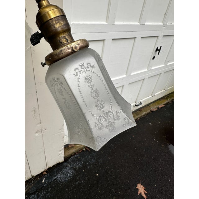 Metal Vintage Three Arm Brass Fixture With Three Etched L Glass Shades For Sale - Image 7 of 9