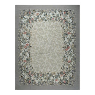 9x12 Vintage Aubusson Flat Weave Wool Rug, Grey Grapevine Trellis For Sale