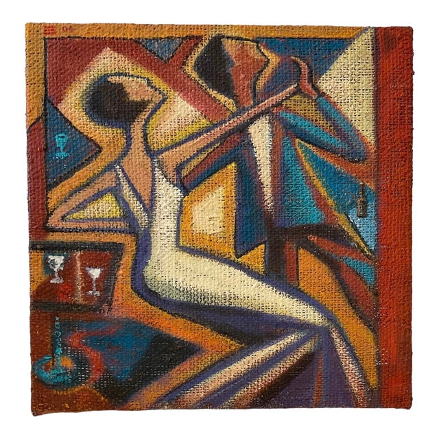 Vintage “Dancing on Burlap” Acrylic Painting on Coffee Sack Canvas by Thom Evans 22”x 22”x1.75” For Sale