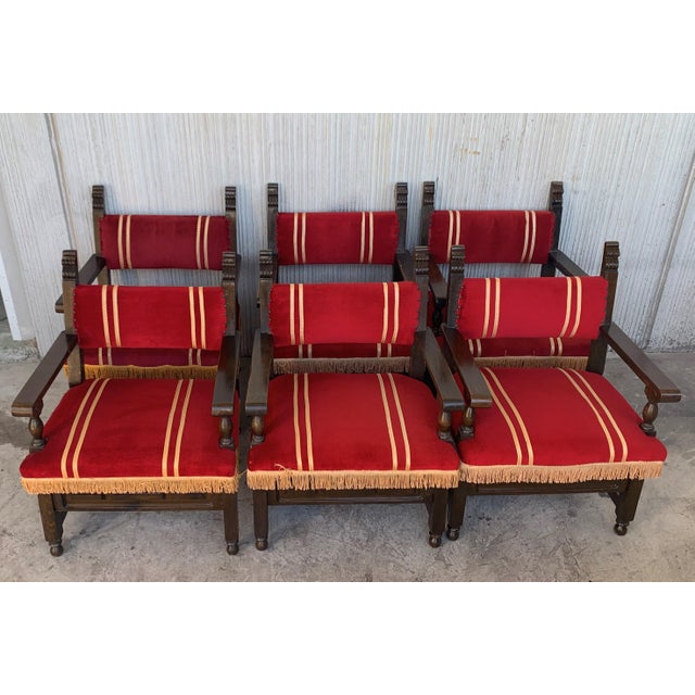 Late 19th Century Spanish Low Armchairs in Carved Walnut and Red Velvet Upholstery '46units' For Sale - Image 5 of 13