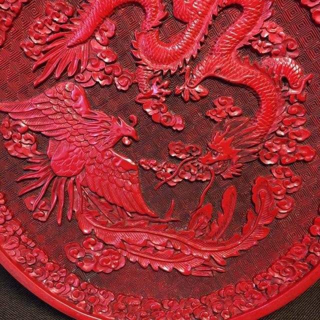 Carved Red Lacquer Dragon and Phoenix Round Decorative Plate For Sale - Image 9 of 9