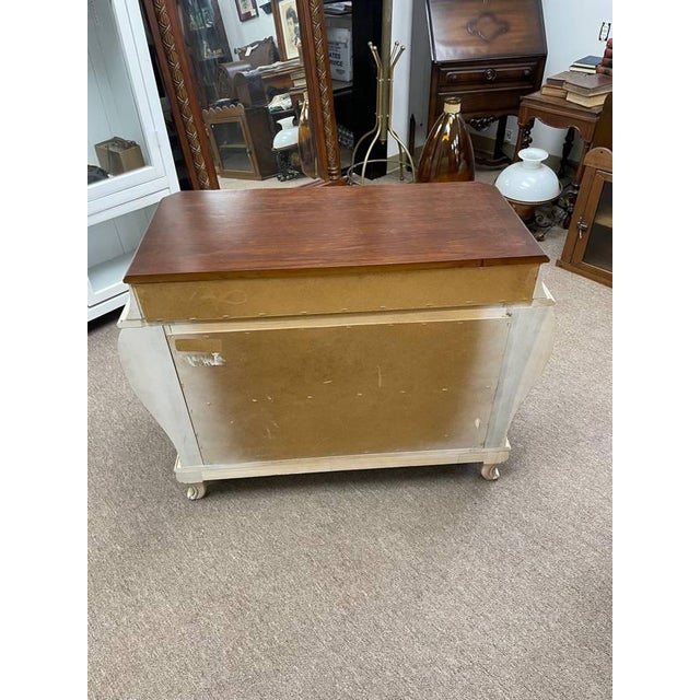 Late 20th Century White Bombay Style Chest of Drawers Dresser, Floral Print, Finished Woodgrain Top, 4 Drawers, Carved For Sale - Image 12 of 12