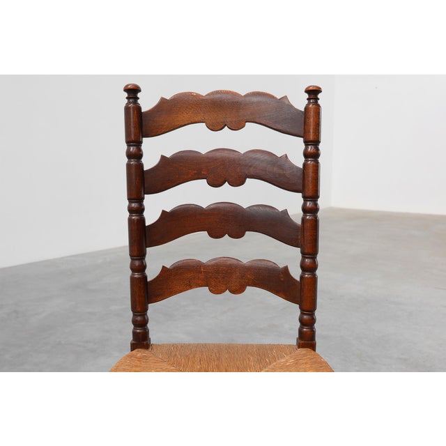 Brown Rustic Oak Ladder-Back Chair with Rush Seat and Cabriole Front Legs, France, 1900s For Sale - Image 8 of 14