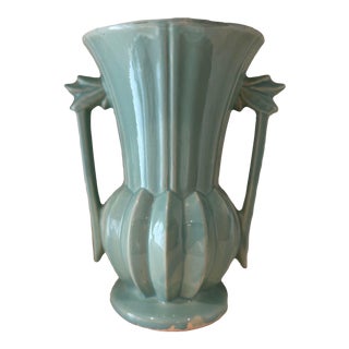 Vintage McCoy Pottery, Tall Ribbed Vase With Double Handle For Sale