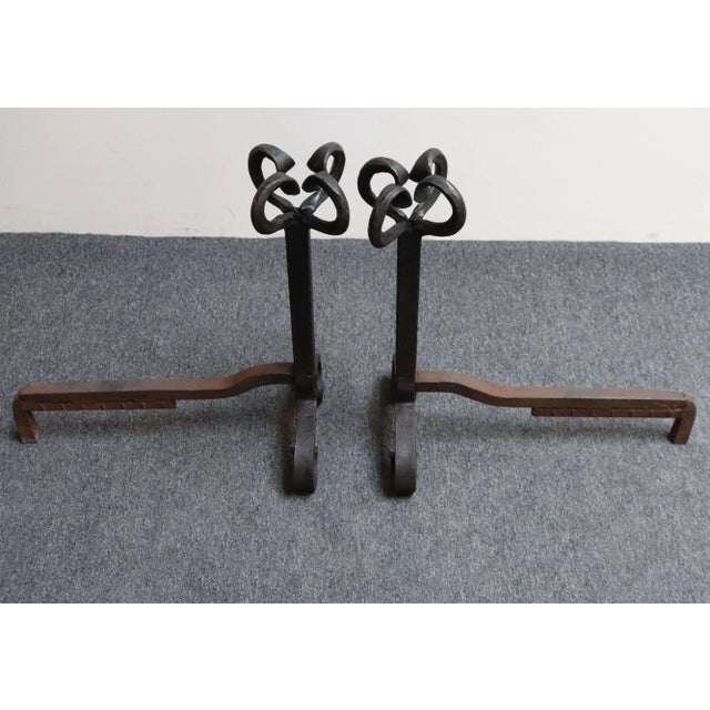 Pair of Tall Arts and Crafts Hand Forged Iron Fireplace Andirons For Sale In New York - Image 6 of 18