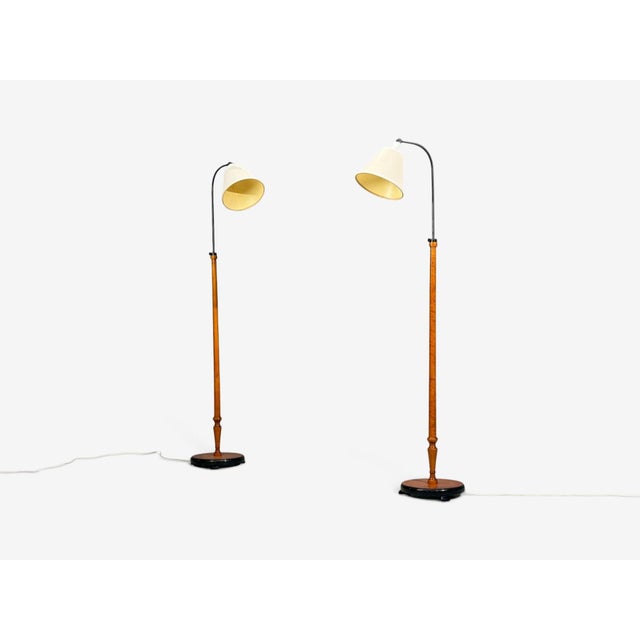 Mid-Century Modern 1940s Swedish Modern, Floor Lamps, Burl, Ebonized Wood, Fabric - a Pair For Sale - Image 3 of 13