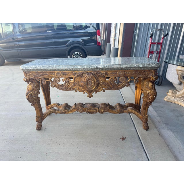 Stone Late 19th Century Louis XIV-style Gilded Wood and Grey Marble Top With King’s Faces Carved Console Table For Sale - Image 7 of 9
