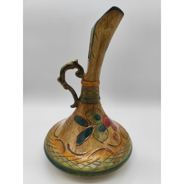 Mid-Century Modern Mid-Century Roman Majolica Carafe with Polychrome Painting, Sgraffito Engravings and Curved Handle, 1950s For Sale - Image 3 of 9