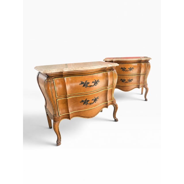 Elegant pair of vintage marble-top nightstands by Wm. A. Berkey Furniture Co., a division of John Widdicomb. Inspired by...