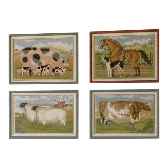 Custom Framed Hand-Embroidered English Country Needlepoints – Set of Four For Sale