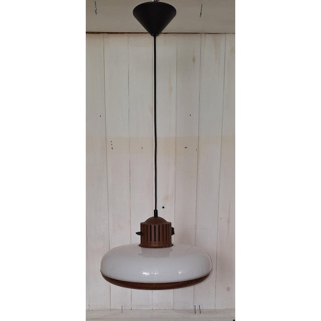 Vintage Ceiling Lamp with Brown and White Plastic Shade, 1970s, in Very Good conditions. Designed 1970 to 1979 Up to 250V...
