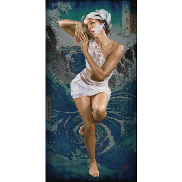 The Wrinkled Sea Beneath Her Crawls by Alexandra Manukyan | Oil on Belgian Linen Woman in flowing fabric near waves. For Sale