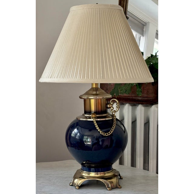 1950s Brass and Indigo Blue Porcelain Lamp With Shade For Sale - Image 10 of 10
