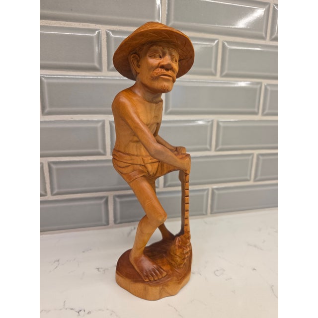 Wood Mid-Century Balinese Art Deco Seated Fisherman With Cast Net Sculpture For Sale - Image 7 of 12