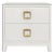 Matthew Izzo Home Cole White Linen Two Drawer Side Table With Glass Top and Large Square Brass Handle For Sale