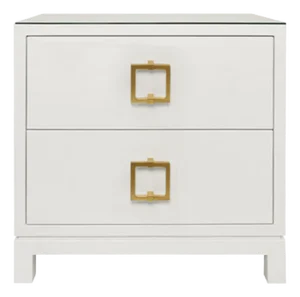 Matthew Izzo Home Cole White Linen Two Drawer Side Table With Glass Top and Large Square Brass Handle