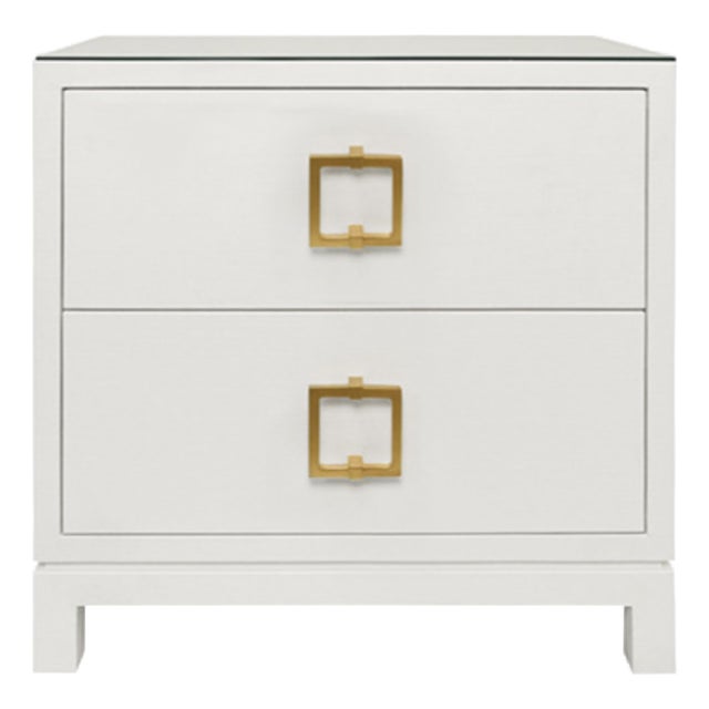 Matthew Izzo Home White Linen Two Drawer Side Table With Glass Top and Large Square Brass Handle For Sale