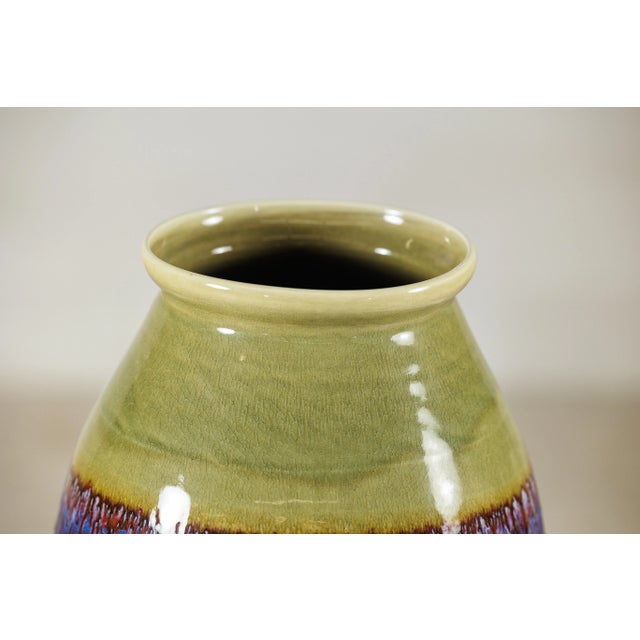 Artisan Purple and Olive Green Glazed Ceramic Ovoid Vase with Drip Detail For Sale - Image 11 of 12