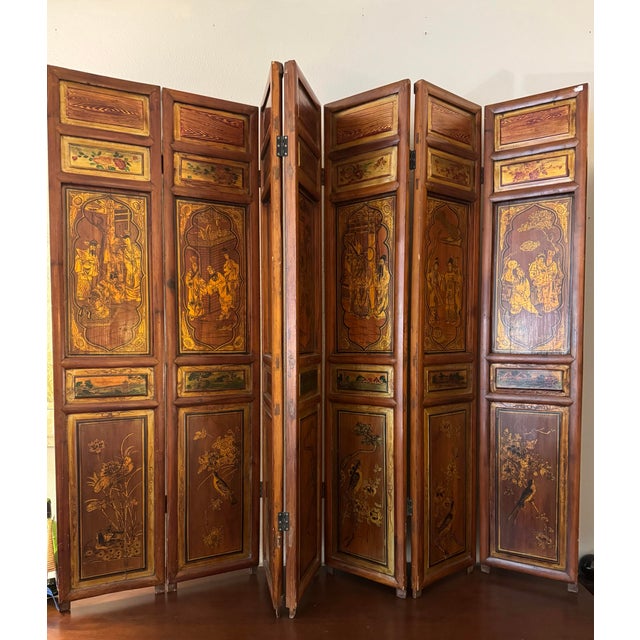 Brown Vintage Seven Panel Chinoiserie Figural Wood Tabletop Folding Screen For Sale - Image 8 of 8