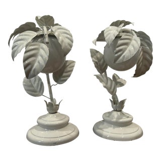 Pair of Vintage Painted White Metal Flower Lamps For Sale
