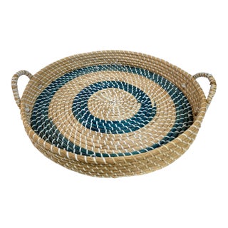 Round Ratan Natural and Blue Tray With Handles For Sale