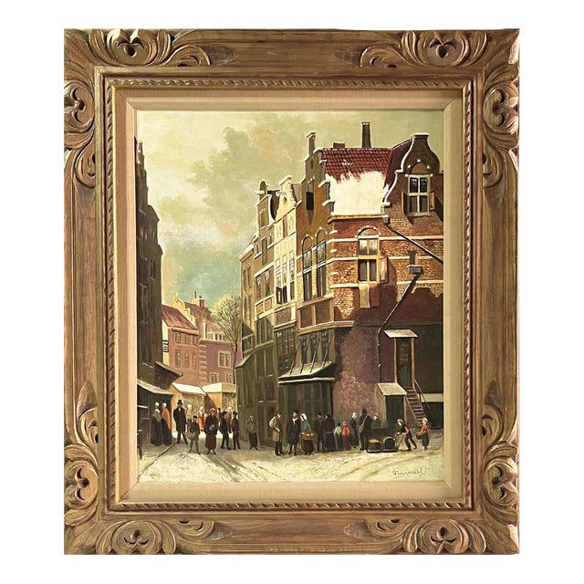 1960s Vreugdenhil Street Scene Oil Painting Carved Wood Framed For Sale