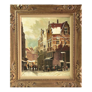 1960s Vreugdenhil Street Scene Oil Painting Carved Wood Framed