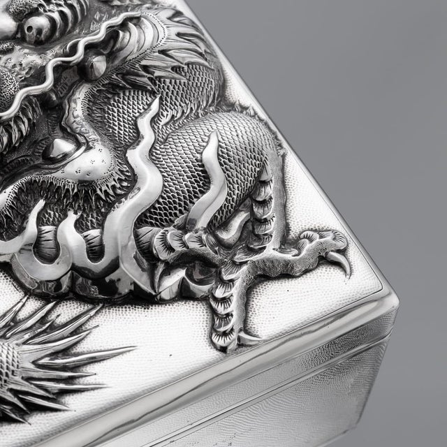 Antique Japanese Meiji Silver Dragon Cigar Humidor Box, 1900 For Sale - Image 12 of 18