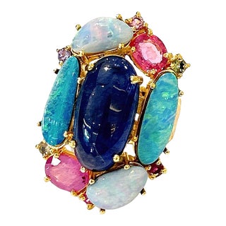 Bochic “Orient” Opal, Ruby & Multi Sapphire Vintage Cluster Ring Set 18k & Silver Size 5.5 For Sale