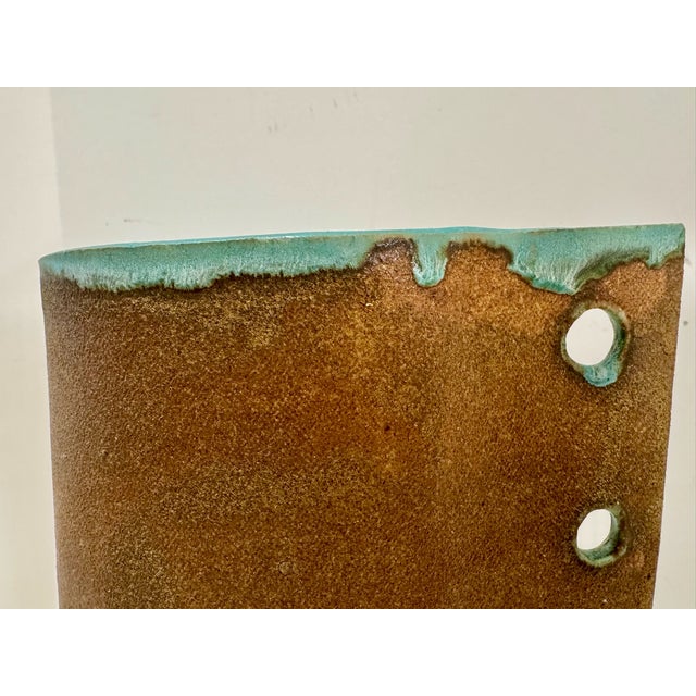 Mid 20th Century Vintage Studio Pottery Pierced Cylinder Vase Brown Turquoise Ceramic 13.5 For Sale - Image 5 of 8